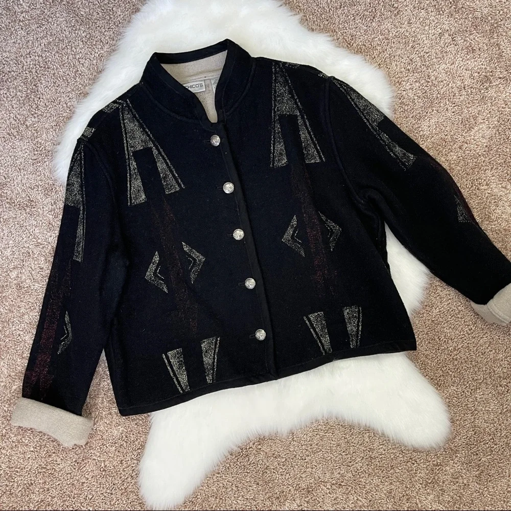 🚫SOLD🚫 Chico’s Southwestern Black Red Aztec Print Buffalo Nickel Buttons Wool - Picture 13 of 16
